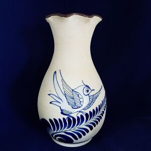 Vintage Tonala Mexican Pottery Vase-Hand Painted Folk Art Blue Leaf Bird Design